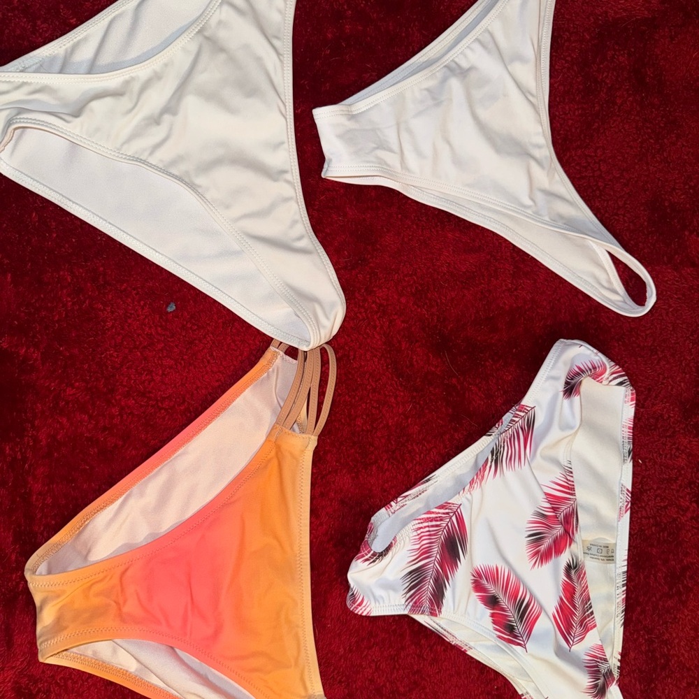 Set of Four Bikini Bottoms in Cream, Orange, and Palm Print